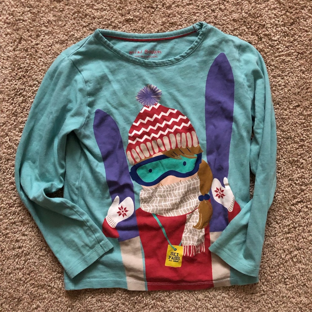 Mini Boden Teal Girl Ski shirt size 5 6 long sleeve cotton girl skiing
